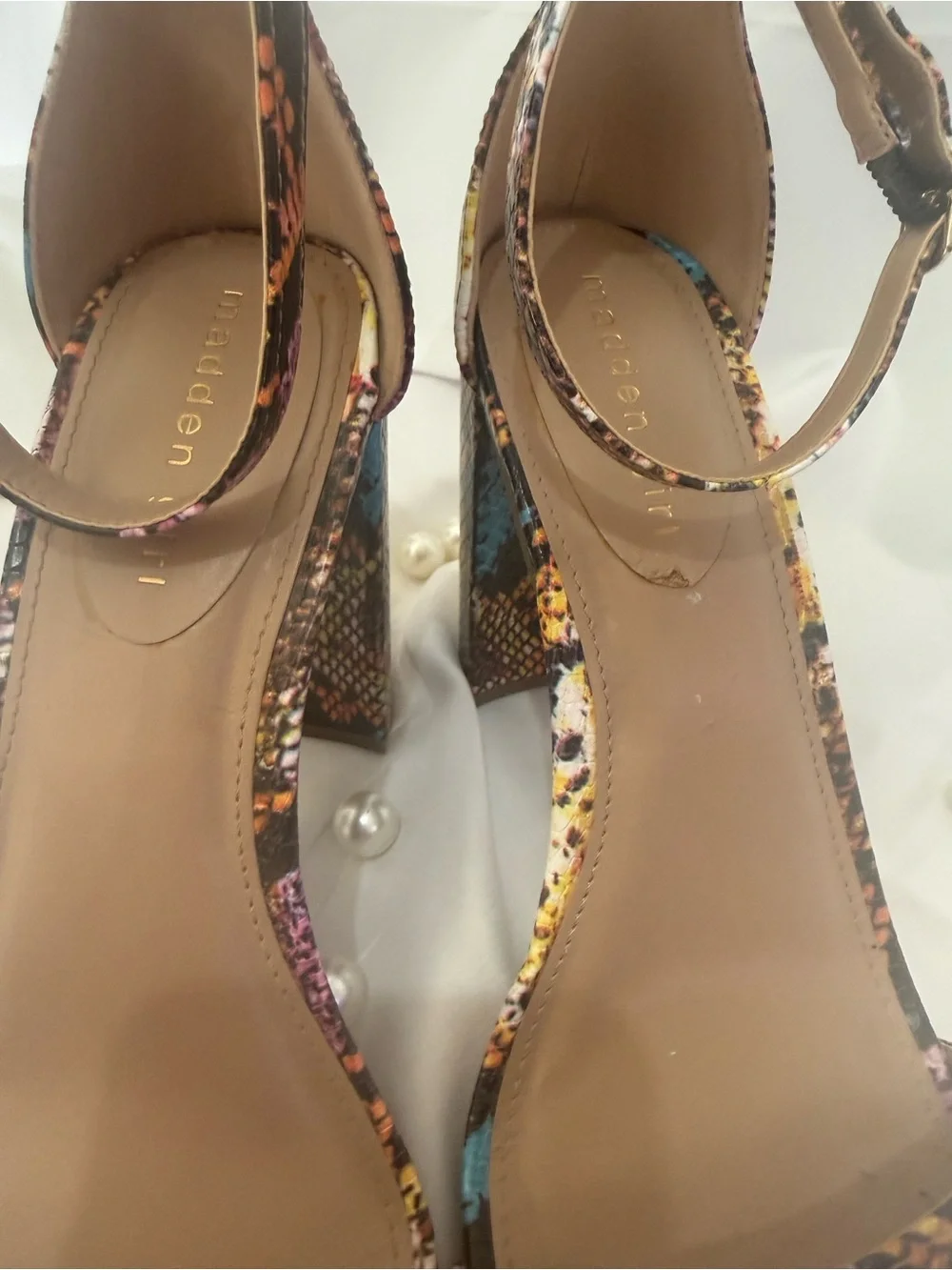 Madden Girl Multicolor Snake-Print Ankle Strap Block Heels